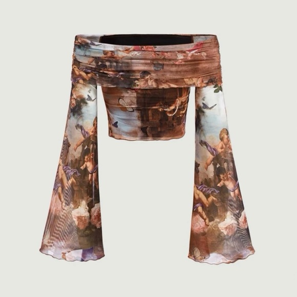 Y2K Fairy Core Cottage Core Cherub Long Sleeve Off the Shoulder Cropped Top - Picture 2 of 6